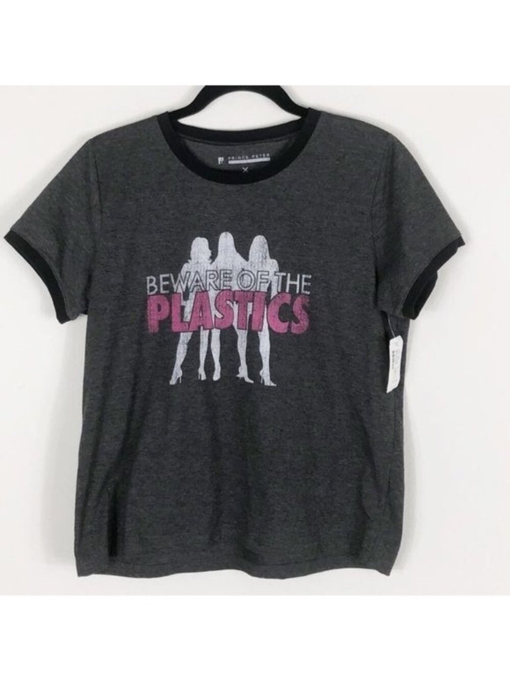 Prince Peter Mean Girls "Beware Of The Plastics" Black Ringer Tee Large NWT